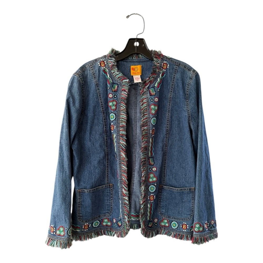 Women’s Boho Embroidered Denim Fringe Jacket Blue Jean Embellished Western Med
